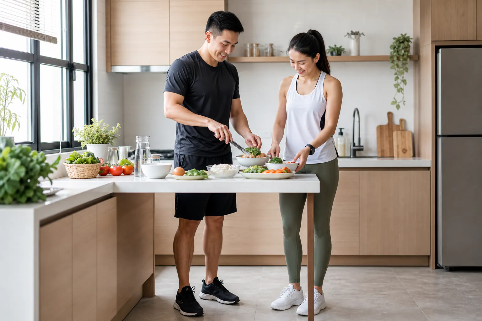 Trainer and client preparing a balanced meal in a home kitchen