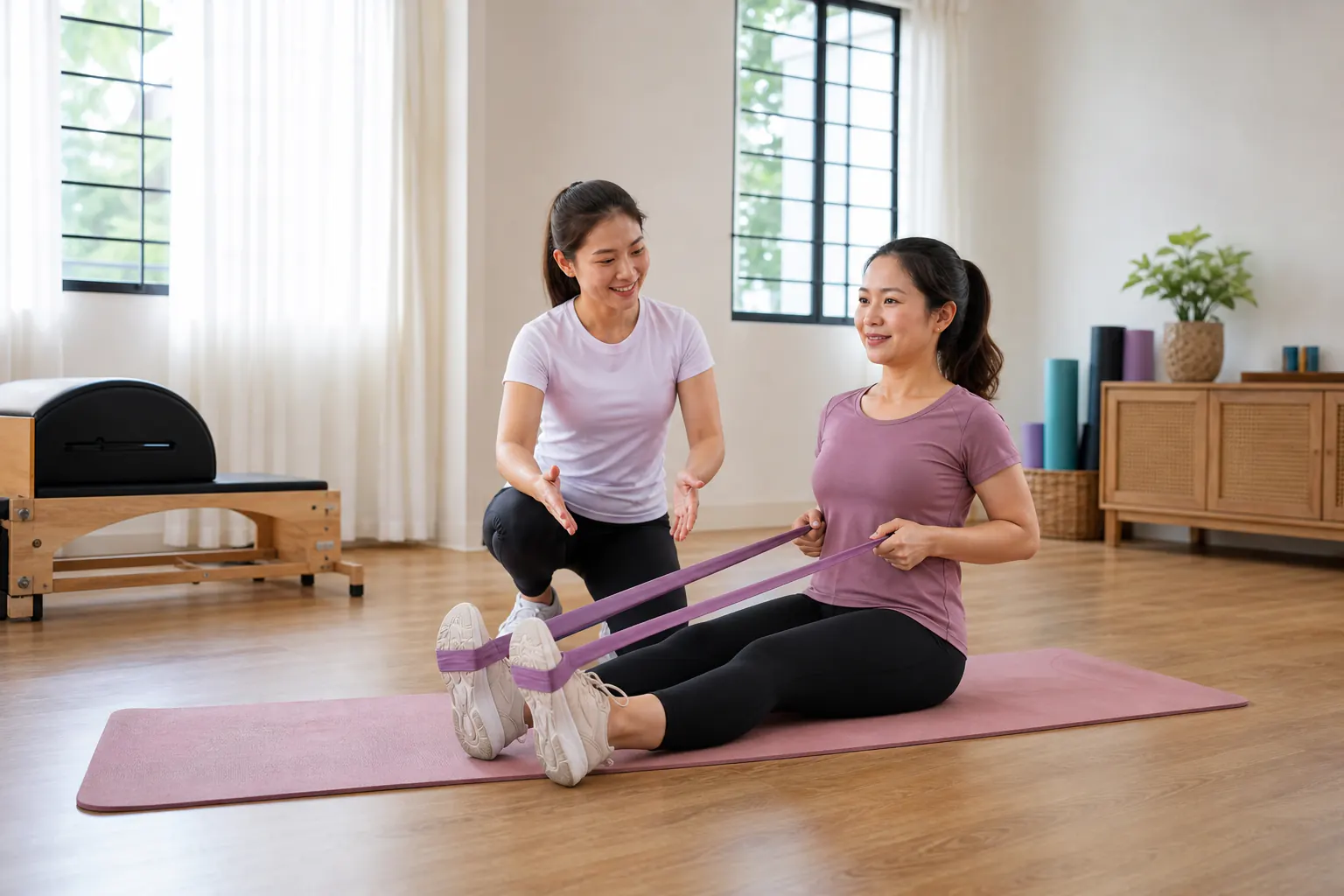 Postnatal client doing a gentle resistance exercise