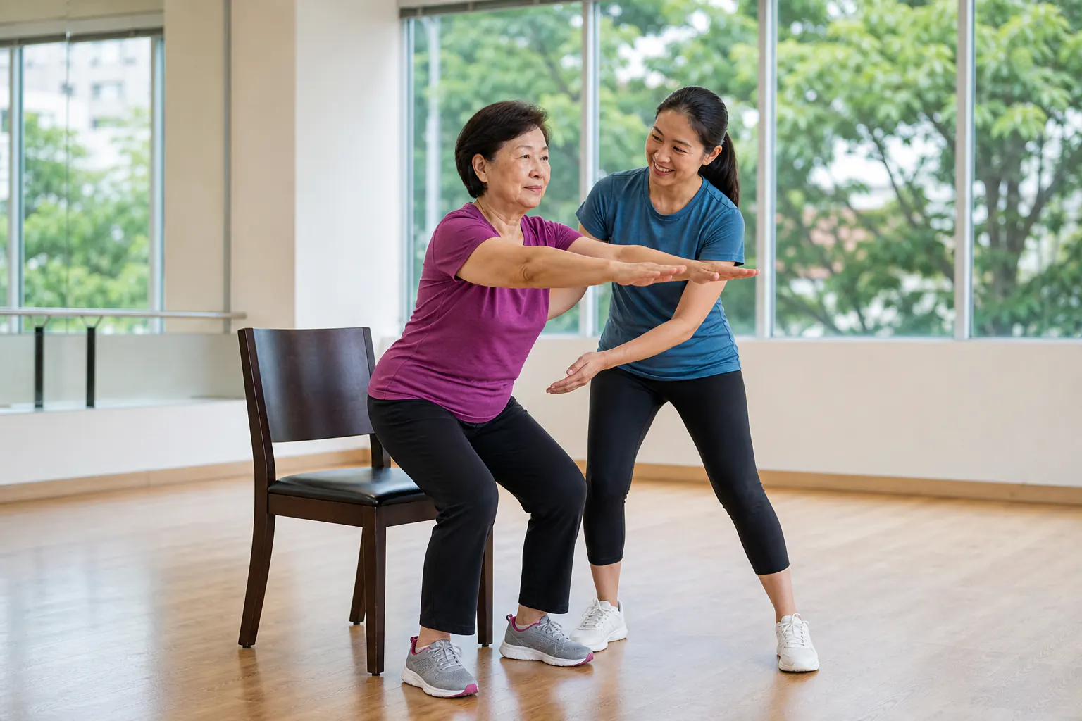 Senior adult practising a chair-assisted squat