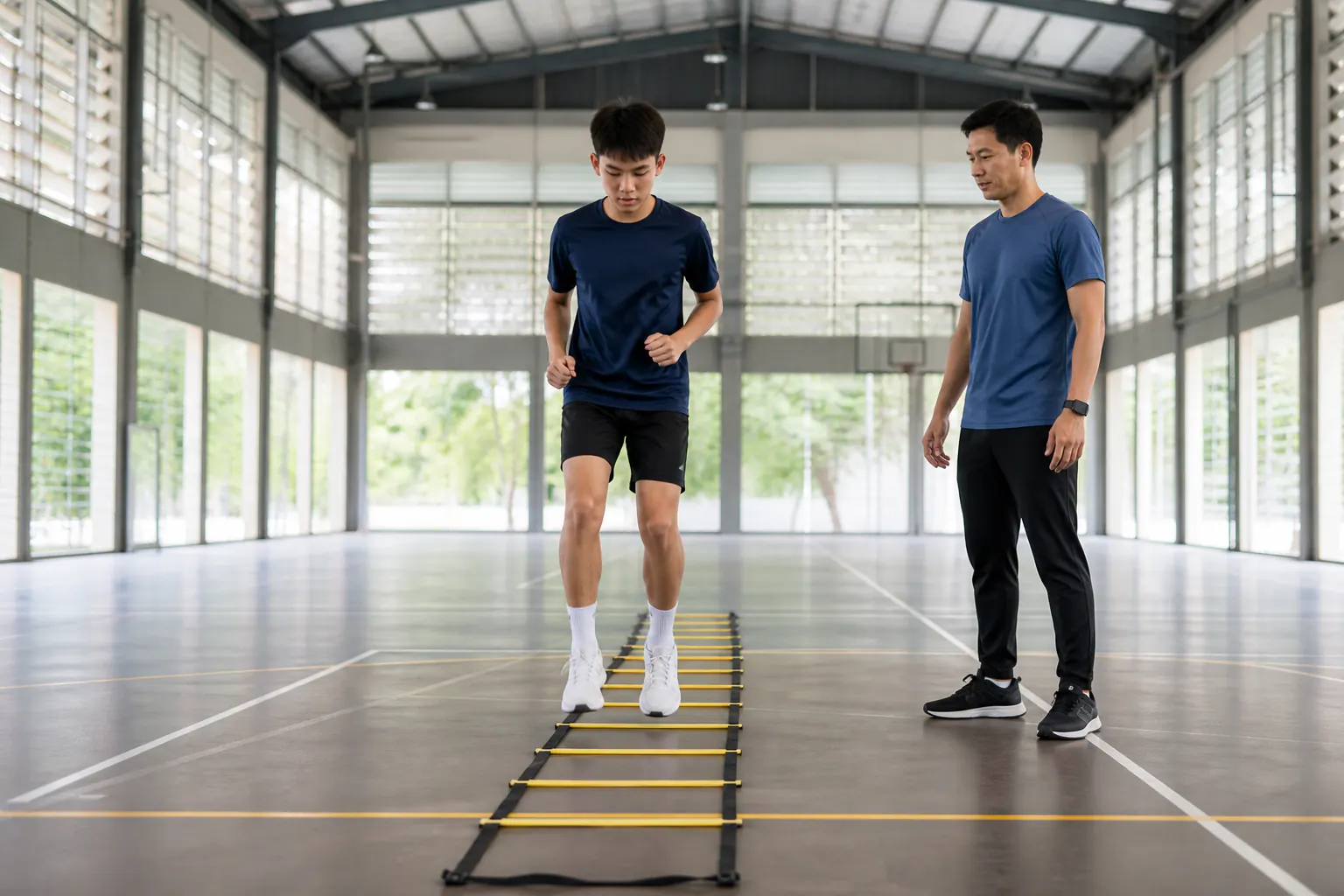 Teen athlete doing an agility drill with a coach