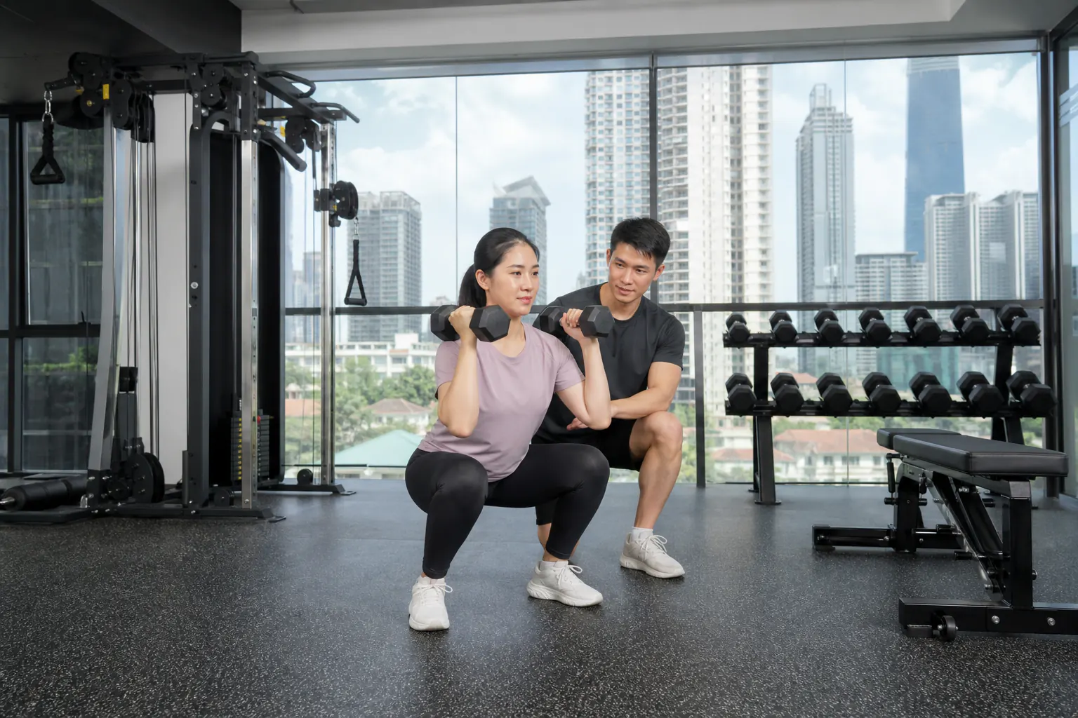 Personal trainer coaching a client in a condominium gym