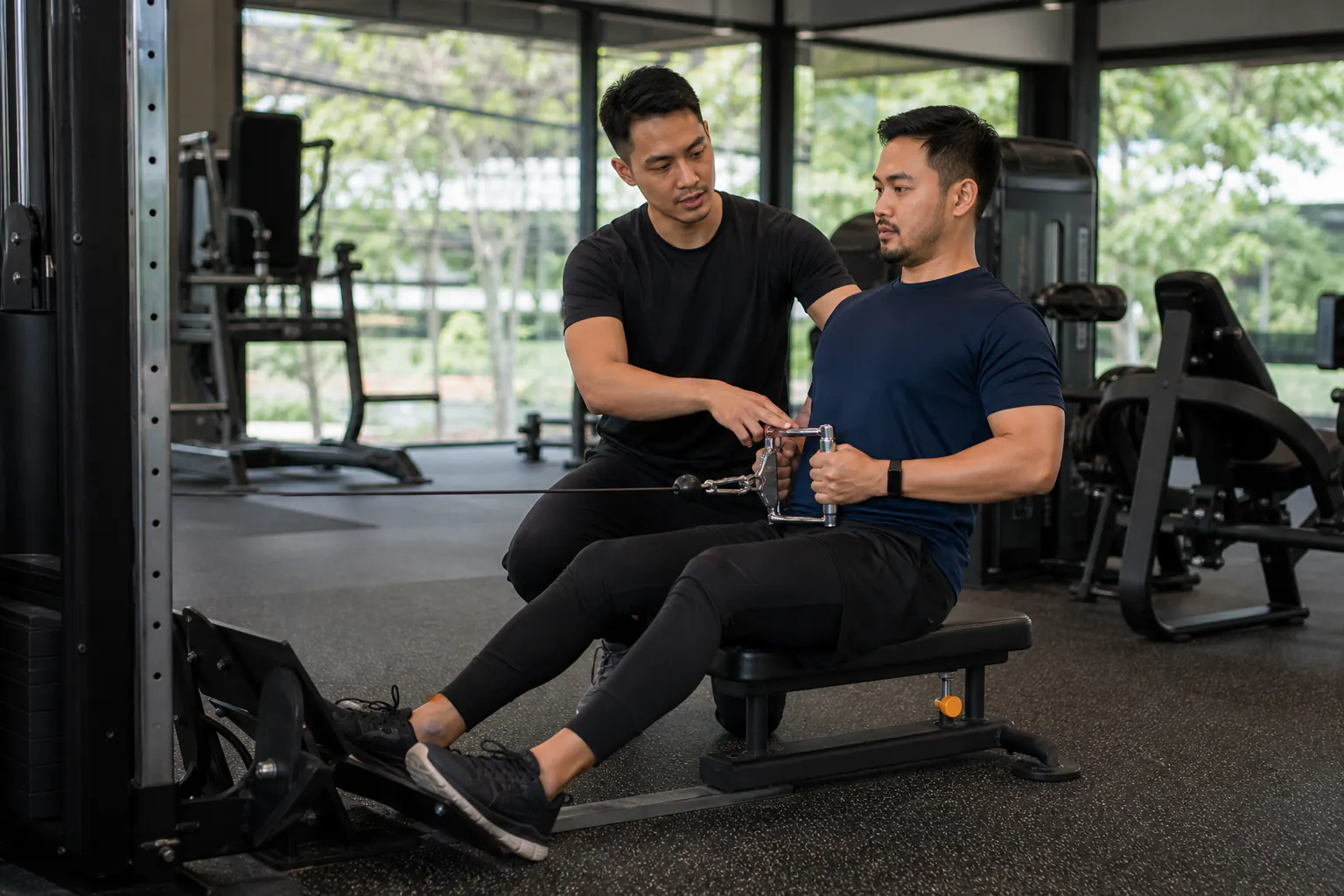 Jurulatih membimbing latihan cable row terkawal