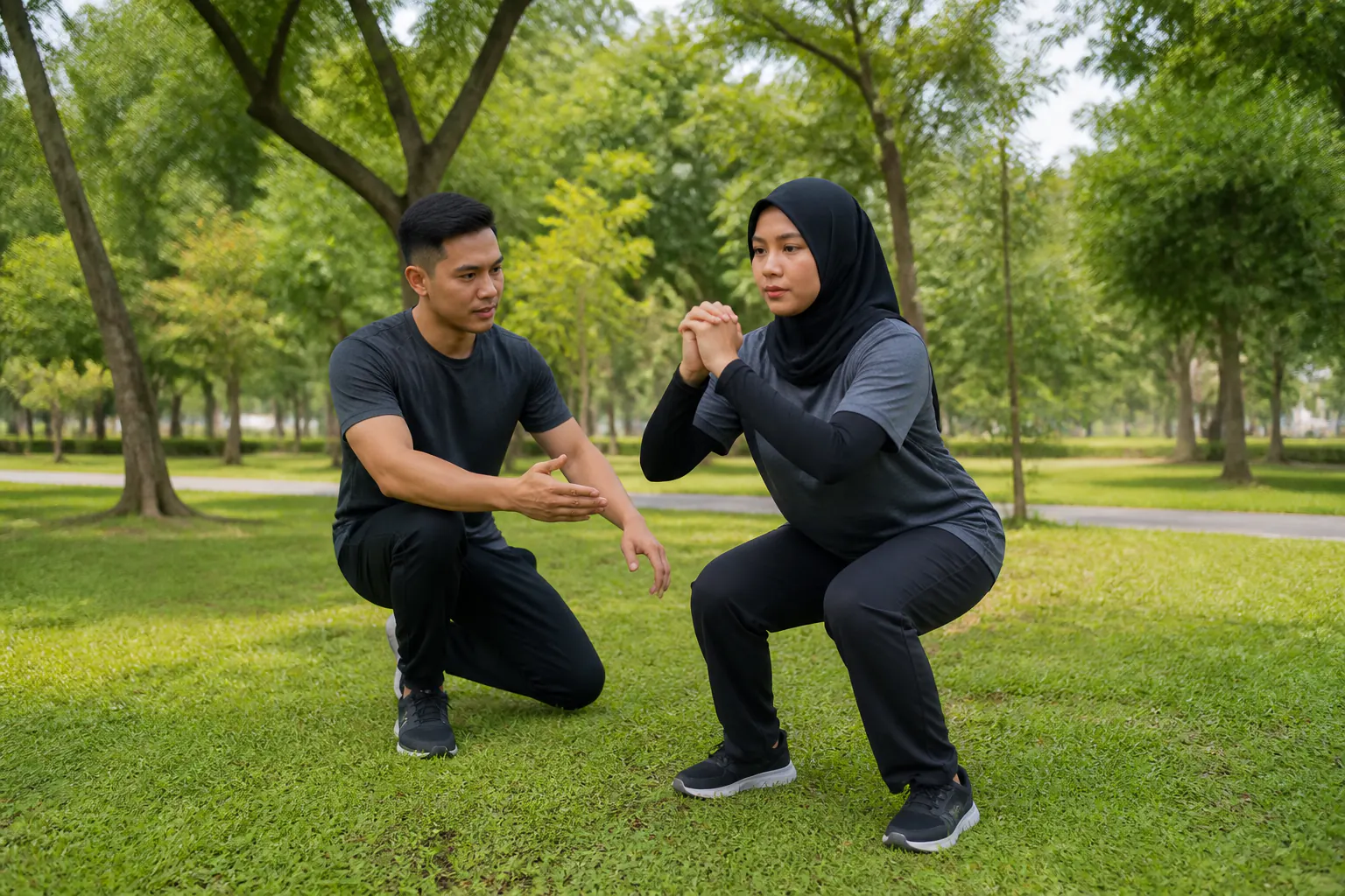 Sesi latihan peribadi luar di taman awam Malaysia